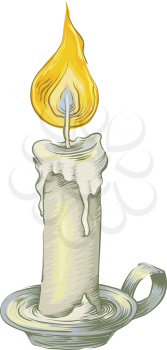 Sketch Illustration of a Lighted Candle on a Vintage Candle Holder