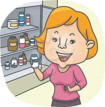 Illustration of a Girl checking Medicine Bottles from their Medicine Cabinet