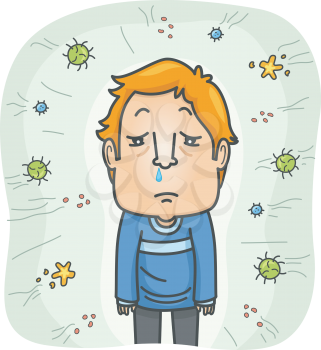 Illustration of a Sick Man Being Attacked by Viruses