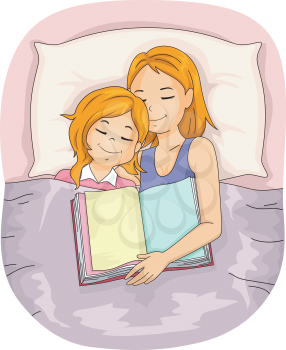 Illustration of a Mother Who Fell Asleep After Reading a Book to Her Daughter
