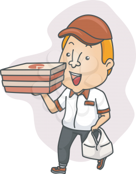 Illustration of a Delivery Man Carrying Boxes of Pizza