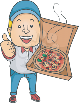 Illustration of a Delivery Man Holding an Open Box of Pizza