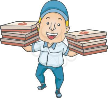 Illustration of a Delivery Man Carrying Boxes of Pizza in Both Hands