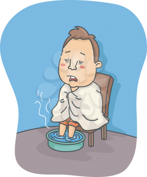Illustration of a Man Sick with Flu Soaking His Feet in Hot Water