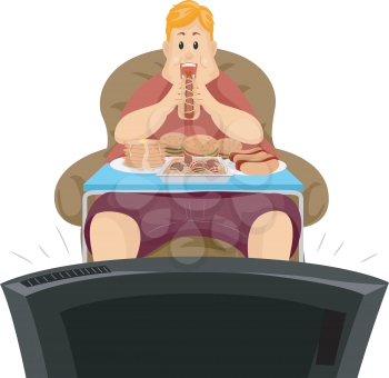 Illustration of an Obese Man Eating His Dinner in Front of the TV