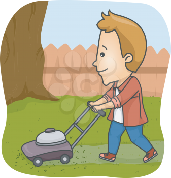 Illustration of a Man Using a Lawn Mower to Trim the Grass on His Yard
