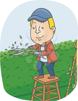 Illustration of a Man Trimming the Hedge on His Garden