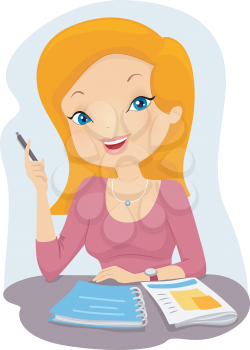 Illustration of a Girl Student holding a pen studying