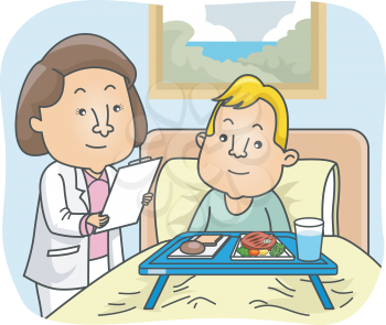 Illustration of Boy in Hospital bed talking to a Nutritionist