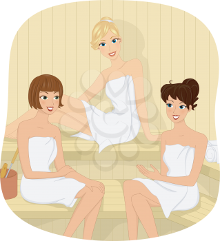 Illustration of Three Girls sitting in a Sauna