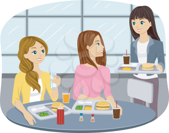 Illustration of Teenage Girls Eating at a Cafeteria