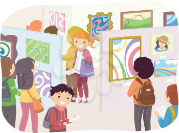 Illustration of Teenagers Checking Out Paintings in an Art Exhibit