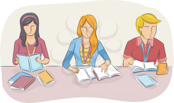 Illustration of College Students Studying Side by Side