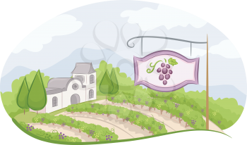 Illustration of a Vineyard Sign with a Wine Estate in the Background