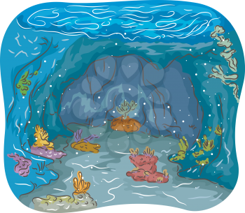 Colorful Illustration of an Underwater Cave Filled with Seaweeds and Corals