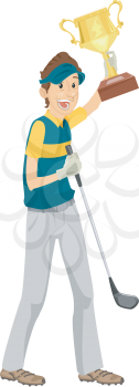 Illustration of a Golfer Showing Off His Championship Trophy