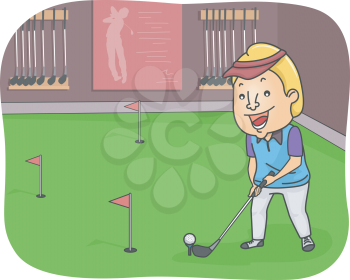 Illustration of a Man Playing in an Indoor Golf Course