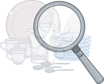 Illustration of a Magnifying Glass Being Used to Check the Cleanliness of Plates