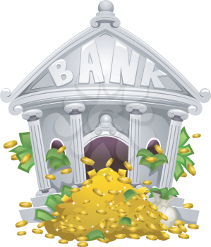 Illustration of a Bank Filled with Piles of Money and Gold