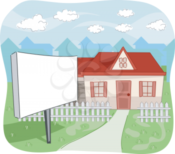 Illustration of a House with a For Sale Sign in Front of its Yard