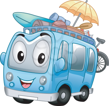 Mascot Illustration of a Tour Bus Headed for the Beach