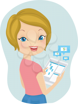 Illustration of a Girl Using Her Tablet Computer to Make a Bank Transfer
