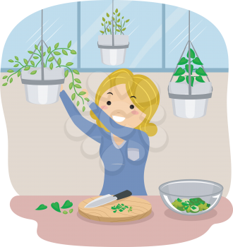 Illustration of a Stickman Girl Picking Indoor Herbs for Cooking