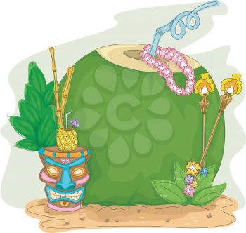 Frame Illustration of a Coconut Drink with a Tiki Glass Beside It