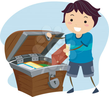 Illustration of a Little Boy Hiding His Books Away in a Treasure Chest