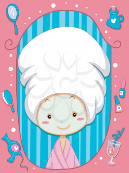 Frame Illustration of a Little Girl Wearing a Bathrobe and a Towel Over Her Head