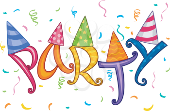 Colorful Illustration Featuring the Word Party Decorated with Party Hats and Confetti