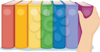 Cropped Illustration of a Hand Arranging Colorful Books in a Shelf