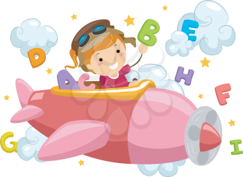 Stickman Illustration of a Little Girl Flying an Airplane Surrounded by Letters and Clouds