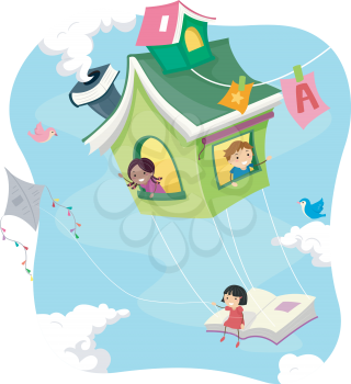 Stickman Illustration of Kids Riding a Flying Book House