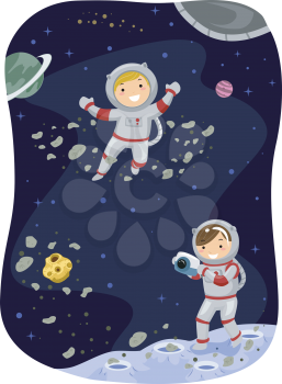 Stickman Illustration of Kids Dressed as Astronauts Taking a Photo in Space