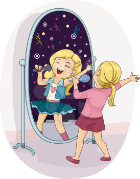 Illustration of a Little Girl Singing Her Heart Out in Front of the Mirror