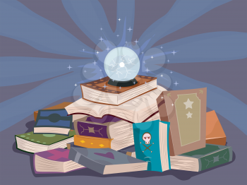 Illustration of a Glowing Crystal Ball Resting on a Pile of Books