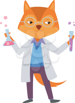 Illustration of a Cute Fox Holding Laboratory Tools Filled with Chemicals