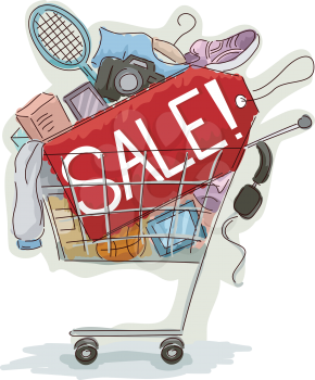 Illustration of a Shopping Cart Full of Discounted Items