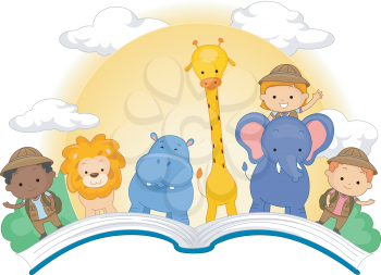 Illustration of an Open Book with Cute Kids and Animals Standing on Top of It