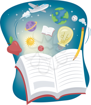Illustration of an Open Book Surrounded by Education Related Items