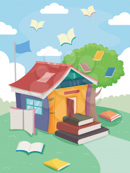 Illustration of a Tiny School with a Pile of Books for Stairs