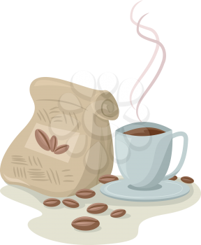 Illustration of a Cup of Brewed Coffee Sitting Beside a Bag of Coffee Beans
