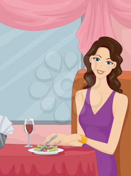 Illustration of a Girl Dining at a Fancy Restaurant