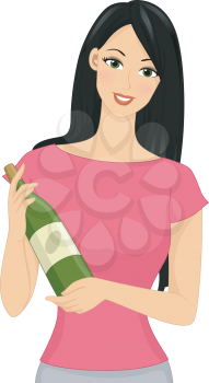 Illustration of a Girl Holding a Bottle of Wine