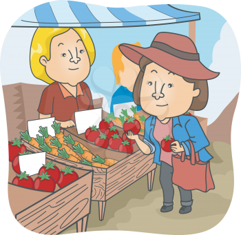 Illustration of a Woman Checking Tomatoes at a Farmer's Market
