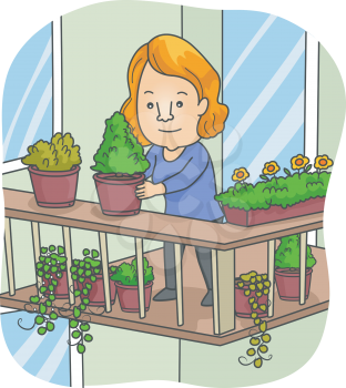 Illustration of a Woman Organizing the Pots on Her Balcony