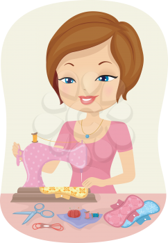 Illustration of a Woman Sewing Homemade Napkins
