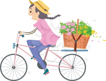 Illustration of a Woman Using a Bike to Deliver a Basket of Flowers