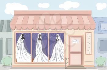 Illustration of a Boutique Displaying Bridal Gowns with Different Styles